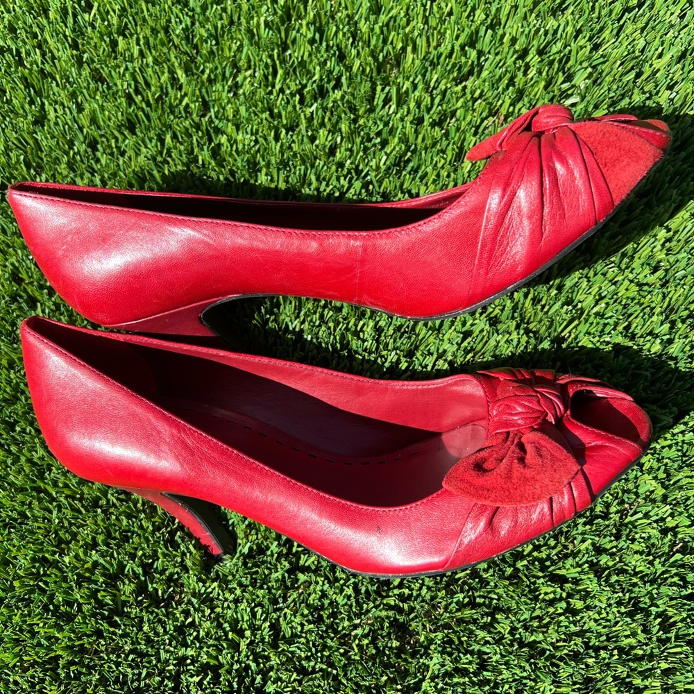 Red peekaboo toe heels